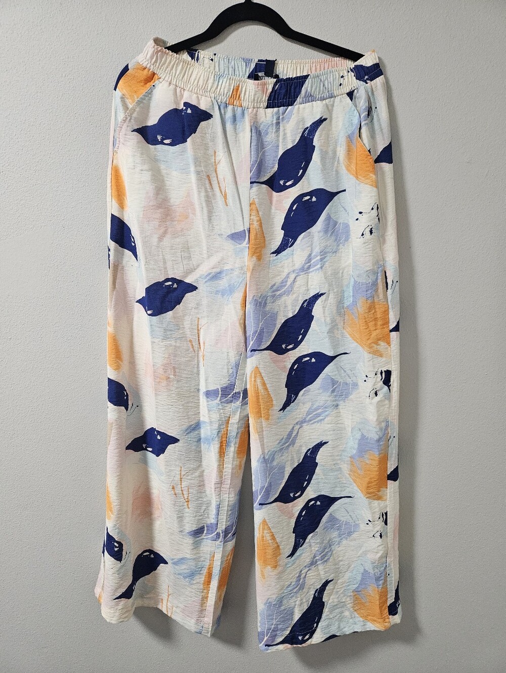 BATIA NWT Wide Leg Print Pants White with Navy & Orange Eggnog Mutli
